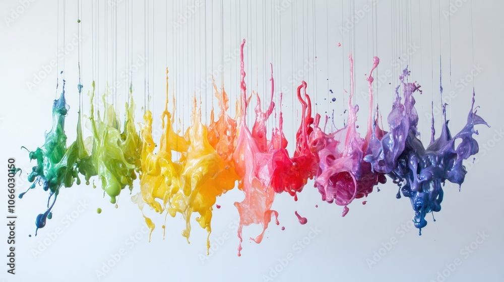 Aufkleber Mid-air paint splashes in an array of vibrant colors, suspended against a clean white background, creating a visually dynamic and exciting scene.