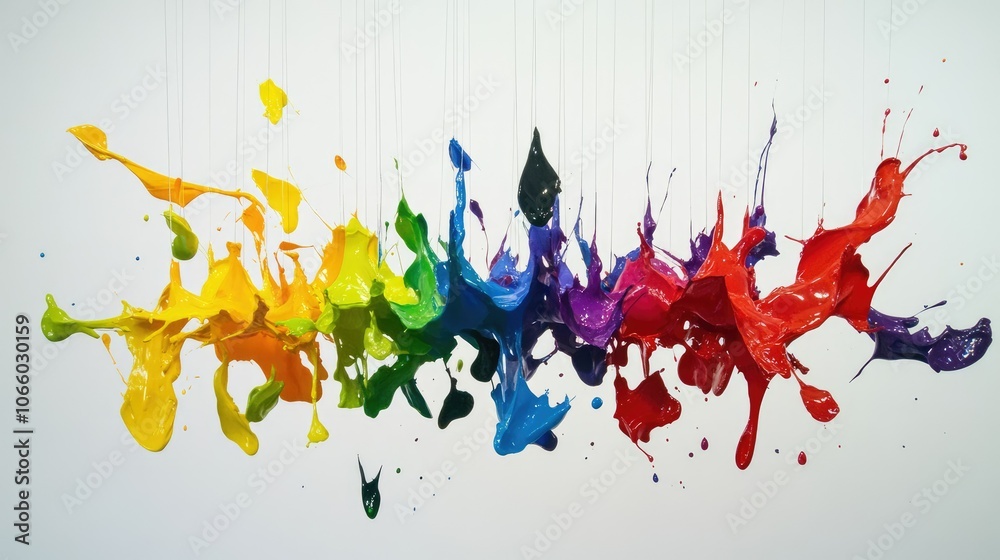 Aufkleber Mid-air paint splashes in an array of vibrant colors, suspended against a clean white background, creating a visually dynamic and exciting scene.