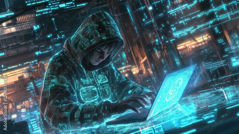 Poster surrounded by holographic digital symbols, a hooded figure works intently on a laptop, highlighting 