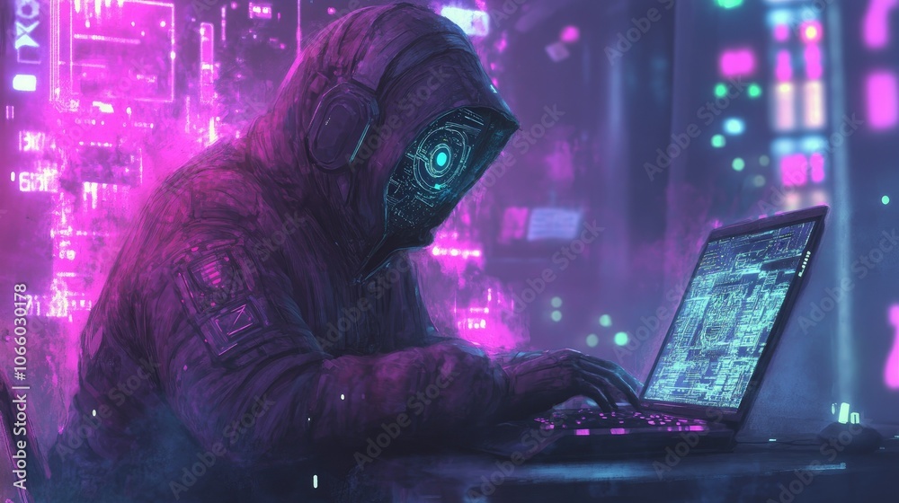 Poster surrounded by holographic digital symbols, a hooded figure works intently on a laptop, highlighting 