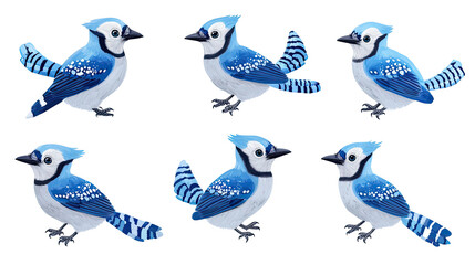 Blue Jays and Bluebirds Illustrations on White Background Generative AI