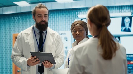 Fototapeta premium Physician and nurses reviewing medical charts and test results, aiming to deliver the best care in a hospital environment. Diverse medics consulting healthcare records for control. Camera A.