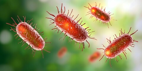 Colorful, detailed depiction of bacteria floating in a blurred green background, showcasing their unique shapes and textures.