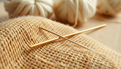 A golden magic needle for embroidery on a jute fabric and some wool balls in the background isolated with white highlights, png