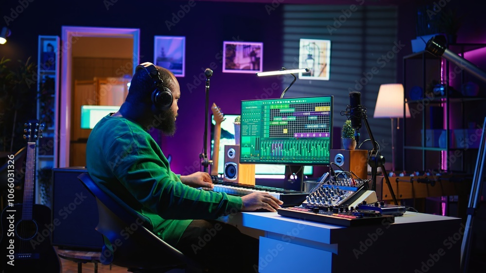 Poster music composer adding tracks as sound effects for a new song, recording sounds on electronic piano s