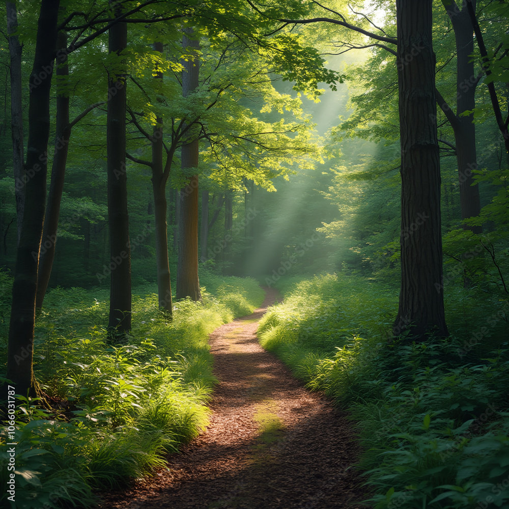 Poster sunlight streams through the forest canopy, illuminating a winding path.