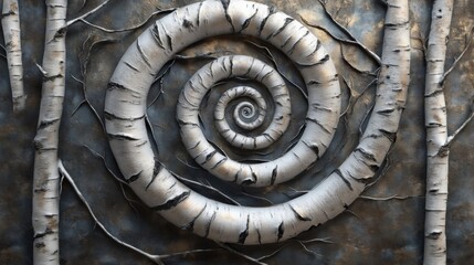 Fototapeta premium A Birch Tree Spiral Formation on a Dark Background