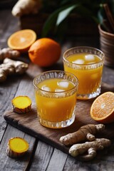 Two glasses of chilled spiced orange juice with a side of freshly squeezed oranges, ginger root, and turmeric. Natural beverage with vitamins and antioxidants.