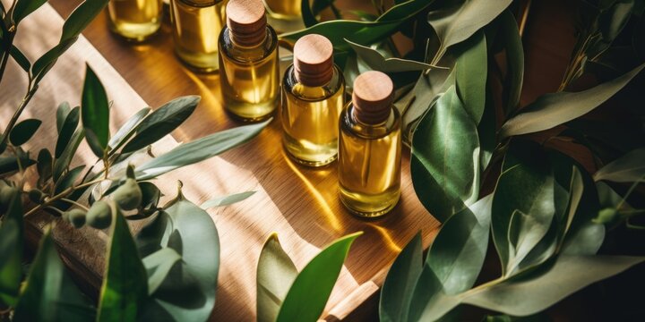 Collection of bottled oils on a rustic board surrounded by leafy plants, symbolizing natural wellness and health benefits.