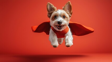 Dog wearing a superhero cape flying on a red background