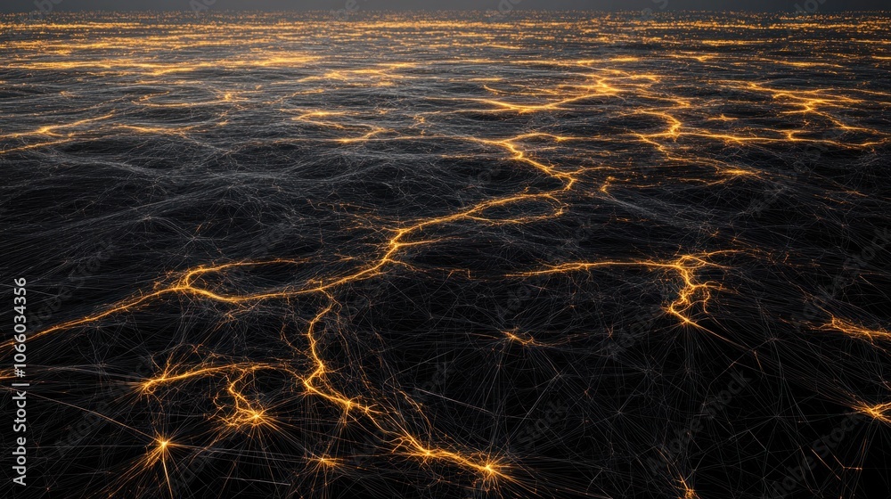 Poster abstract network of golden lines on black background