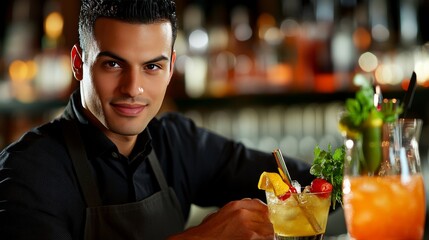 Confident Bartender Crafting Refreshing Cocktails in a Vibrant Bar