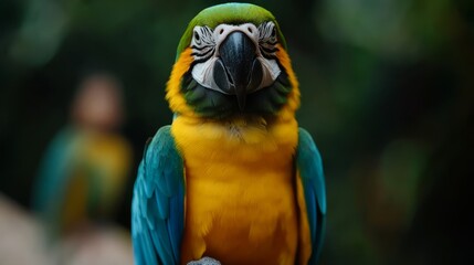 Fototapeta premium A colorful parrot with vibrant feathers in shades of blue, green, and yellow perched on a tropical branch in the jungle.