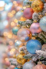 A tree covered in colorful ornaments, including some that are glittery