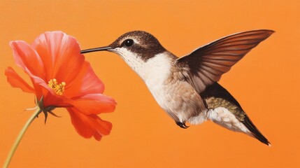Hummingbird hovering near pink flower, manyleaved bee-balm (Monarda fistulosa) with blurred wings showing motion.