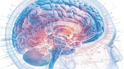A detailed illustration of the human brain, showcasing its complex network of nerves and structures.