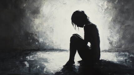 Fototapeta premium Solitary Figure, Black and White Painting, Emotional Despair, Abstract Expressionism, Human Silhouette