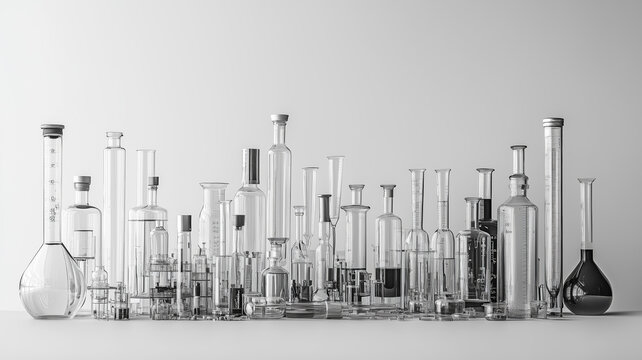 Black and white photo row many Laboratory equipment tanks flasks tubes taps in different groups isolated on white background