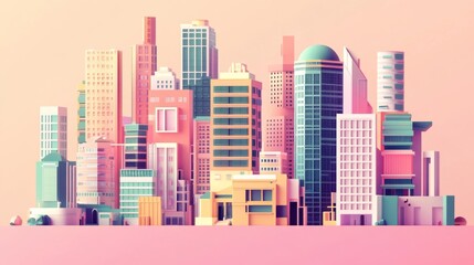 Obraz premium Pastel Cityscape: 3D Rendered Architectural Icons, Geometric Buildings, Pink Background
