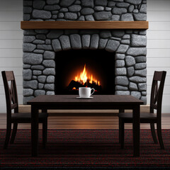 cozy rustic table with hot chocolate by warm fireplace