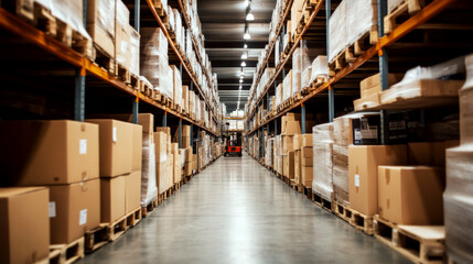 Rows of shelves filled with cardboard boxes in a large, well-lit warehouse. Concept of logistics and storage.