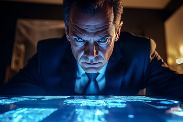 Intense businessman in a suit analyzing illuminated graphs on a digital touch screen table in a dimly lit room, reflecting the seriousness of the data analysis