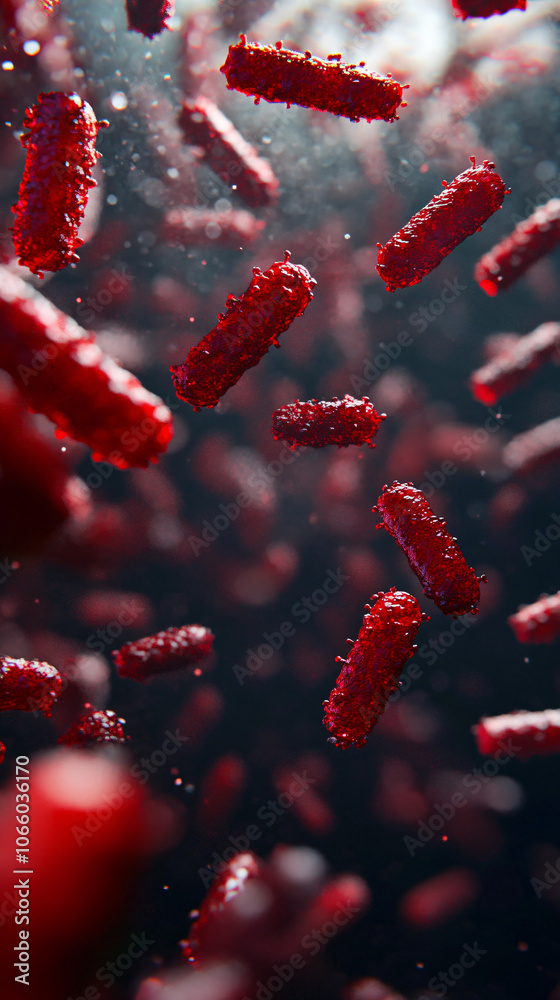 Poster vivid red bacteria in a mysterious 3d setting highlight the critical role of healthcare in combating