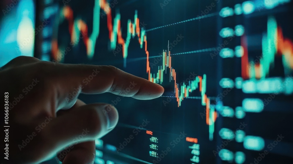 Poster A Hand Interacting With a Stock Market Chart Displayed on a Computer Screen