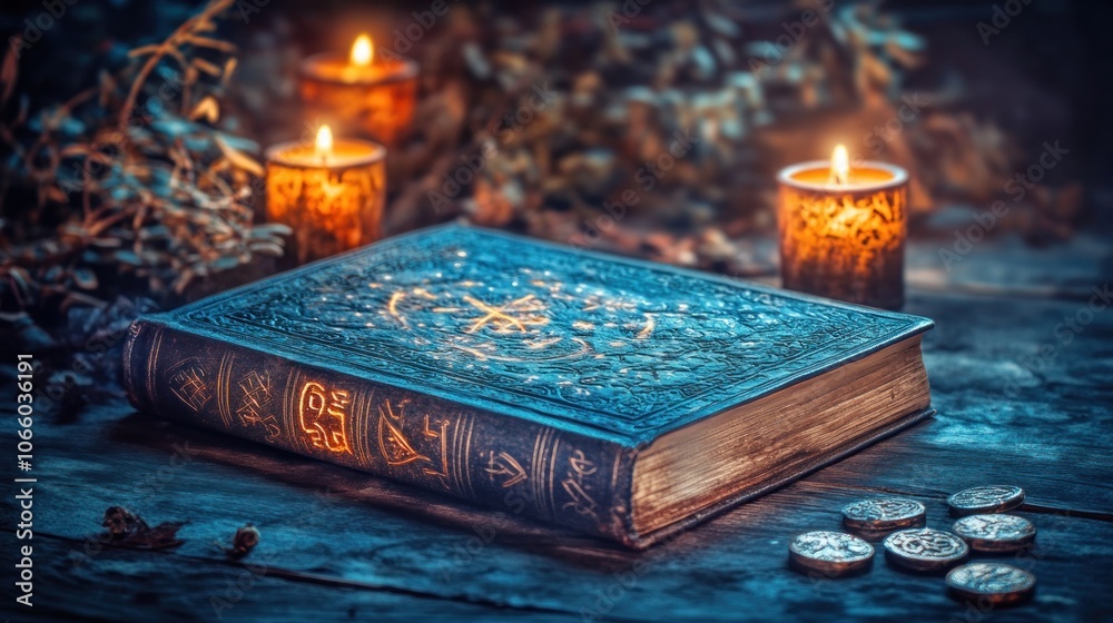 Aufkleber Ancient Book Illuminated by Candles on a Wooden Table