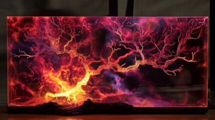 Fiery Resin Art: Lichtenberg Figure Tree in Volcanic Landscape