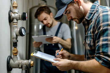 Two plumbers inspecting a water heater and pipes, documenting their findings on clipboards during a routine maintenance check