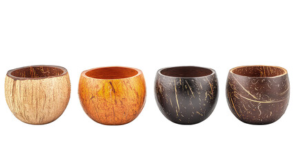 Various collection of colorful cup made from coconut shell isolated on transparent background