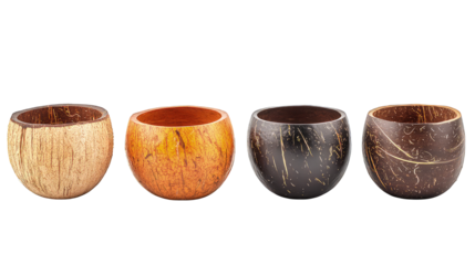Various collection of colorful cup made from coconut shell isolated on transparent background