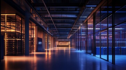 Futuristic Data Center Interior: Server Racks, Glass Walls, Neon Lights