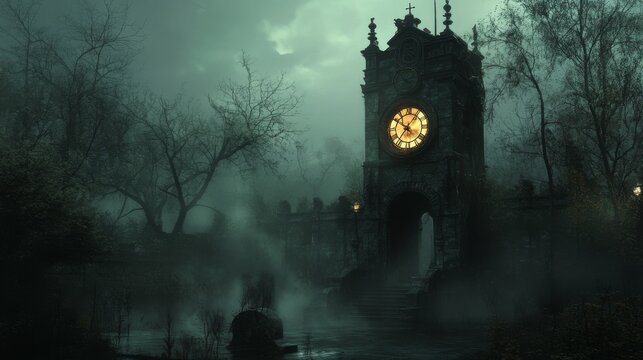 Foggy Night, Clock Tower, Mysterious, Abandoned, Gothic