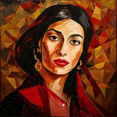 Portret kobiety. Piękna mozaika w odcieniach czerwieni, żółci i czerni
