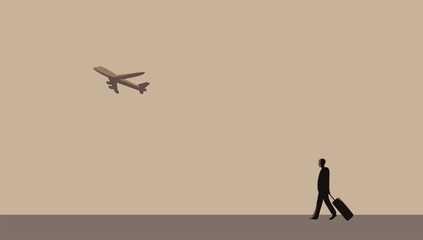 Obraz premium Airport scene reto style vector illustration, luxury travel background banner. Mocha mousse. 