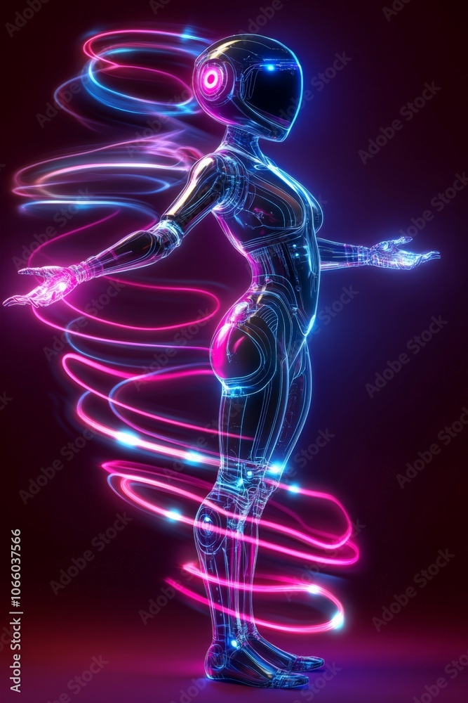 Wall mural futuristic transparent robot with swirling energy and vibrant neon colors, creating a technological 