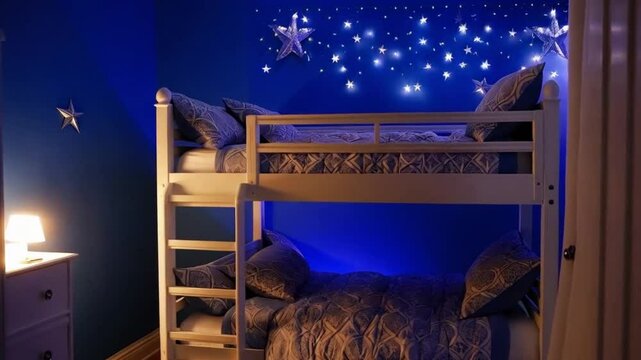 A children's room features a bunk bed with blue furniture, while patterned bedding and silver stars provide a striking contrast. Soft, diffused lighting highlights the room's design, 