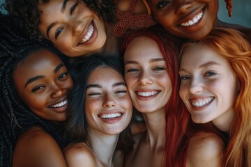 Fototapeta premium A group of joyful young women sharing smiles together. Includes a variety of ethnic backgrounds, showcasing diverse beauty and inclusivity.