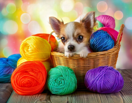 chihuahua puppy sitting in a basket of colorful yarn