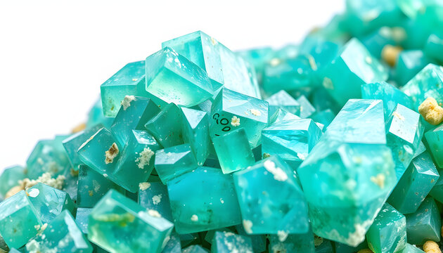 Amazing macro closeup of green blue rare fluorite mineral specimen isolated on white background. Rare double color mineral gem stone (fluorspar) from Rogerley in England. Natural cubic crystals isol