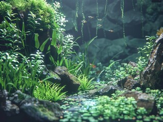 Naklejka premium Vibrant aquarium scene with lush plants and colorful fish