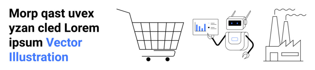 Robot holding a data analytics chart, shopping cart, factory buildings emitting emissions. Ideal for e-commerce, automation, data analytics, technology, industry, robotics, environmental impact