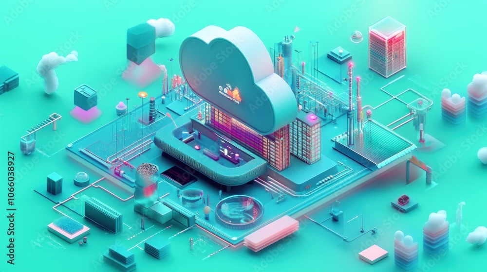 Poster Cloud Computing Cityscape with Futuristic Architecture and Technology