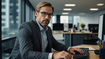 Focused Businessman Working on Computer in Modern Office