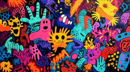 Fototapeta premium Abstract Painting with Brightly Colored Shapes and Characters