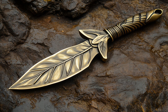 Bronze Dagger with Leaf-Shaped Blade Suitable for Cutting &ndash; 3D Copper Pugio on Gold Background