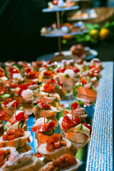A prestigious selection of appetizers on a reflective tray, featuring mini canapés, vegetables, and cheeses, perfectly arranged for exclusive events and receptions. This arrangement exudes elegance an