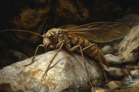Dobsonfly with Fearsome Mandibles Clambering Up a Streamside Boulder &ndash; Nature Close-Up of Predator Insect